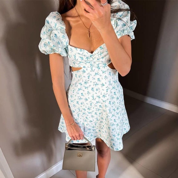 NWT ZARA Floral Cut Out Puff Sleeve Mini Dress Size Large Brunch - Picture 4 of 11